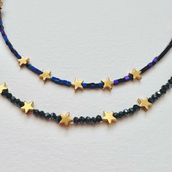 Starry Sky themed Mini Beaded choker necklace with 9 gold hematite stars - Picture 2 of 6